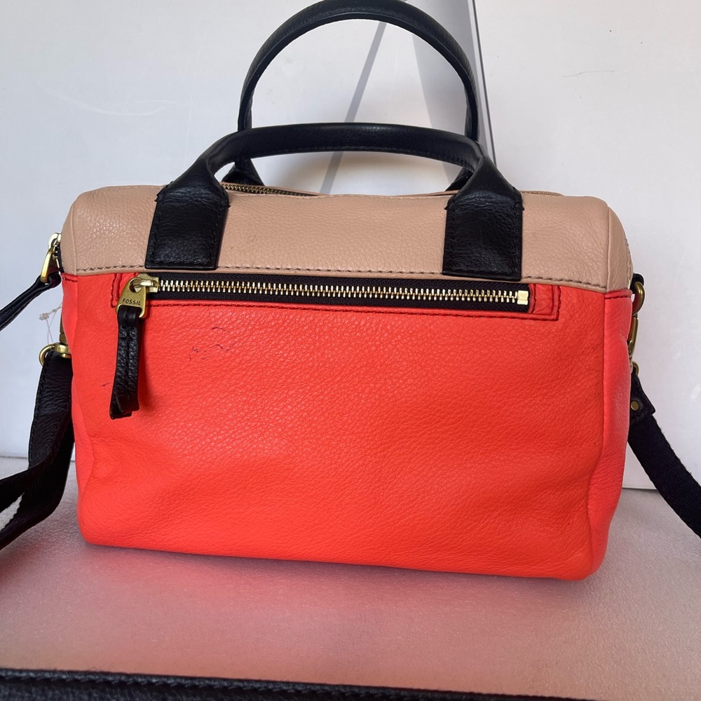 Fossil Erin Convertible Cream/Orange Leather Satchel Crossbody Bag
